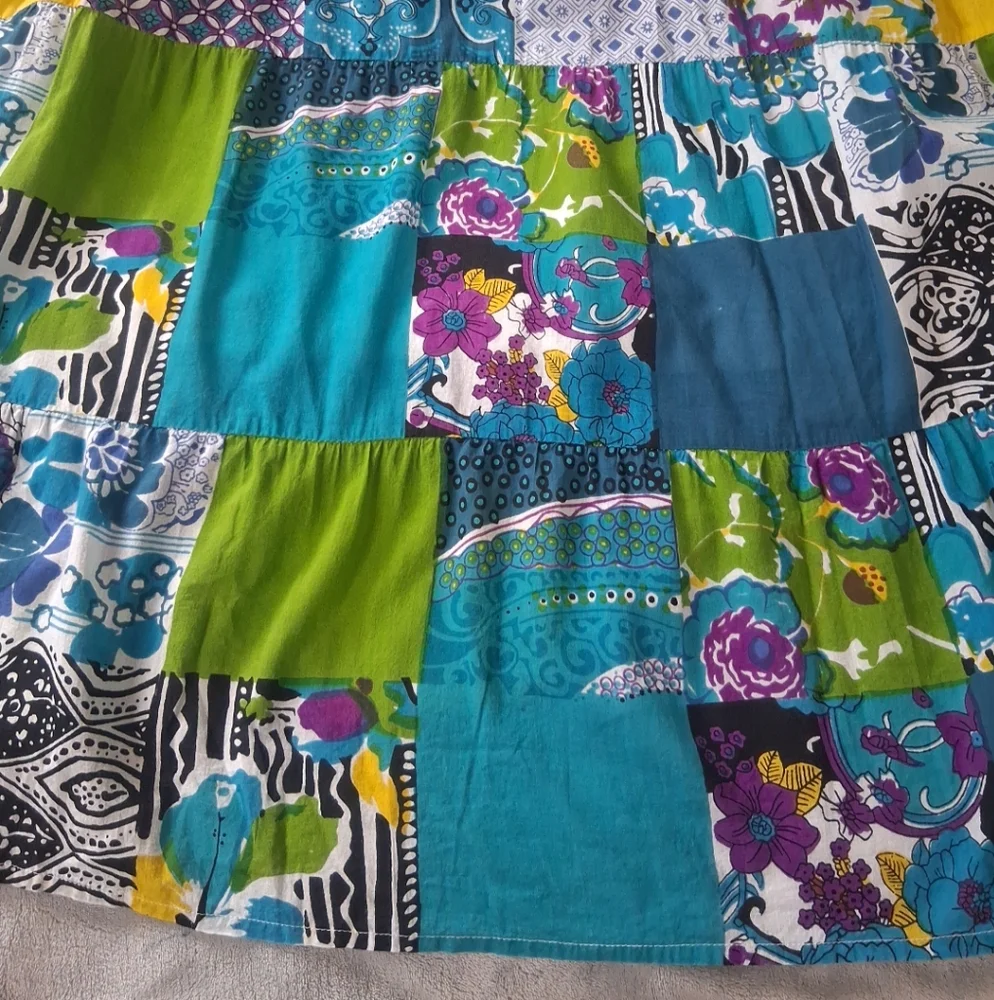 La Cera Patchwork Floral Shift Dress Boho Festival Cotton Summer Resortwear Sz S